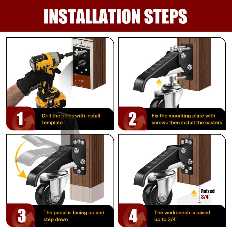 SPACECARE Retractable Workbench Casters Kit, Heavy Duty Workbenches Wheels with 700 lbs Capacity, Adjustable Workbench Casters for Workbenches, Tables, and Cabinets, Easy to Install 4 Pack - Image 3